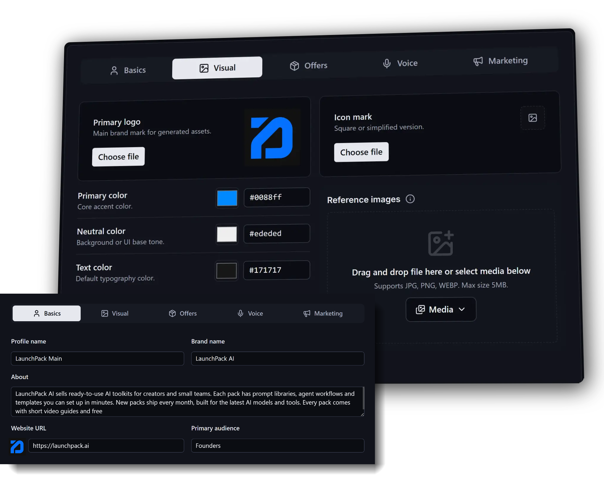 The Brand Guide editor with tabs for basics, visuals, offers, voice and marketing.