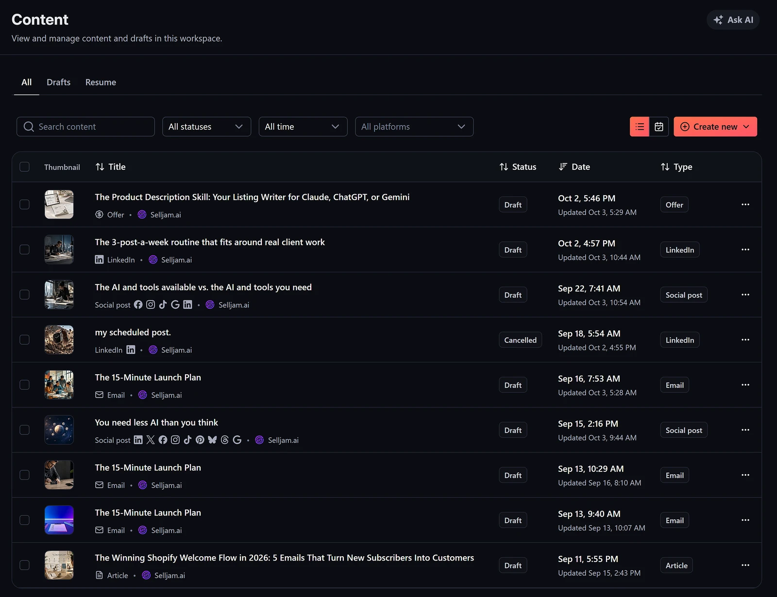 Content History screenshot