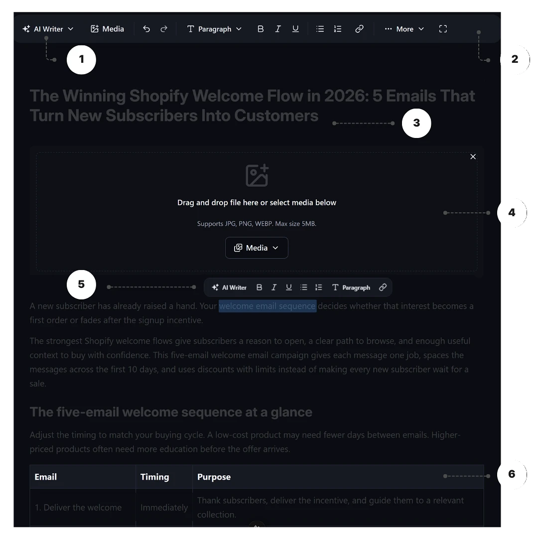 The Editor mode workspace with six numbered callouts.